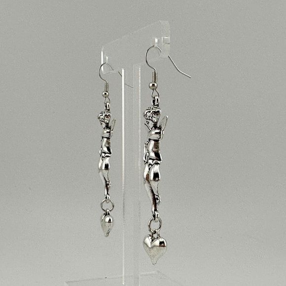 Cupid Angel Heart Dangle Charm Earrings Silver Tone 3" Long Valentine Love Shiny - Picture 3 of 6